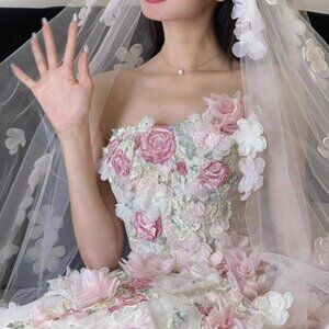 Fairy Tale Blush Pink Floral Appliqué Ball Gown Sweetheart Sequin Wedding Dress
